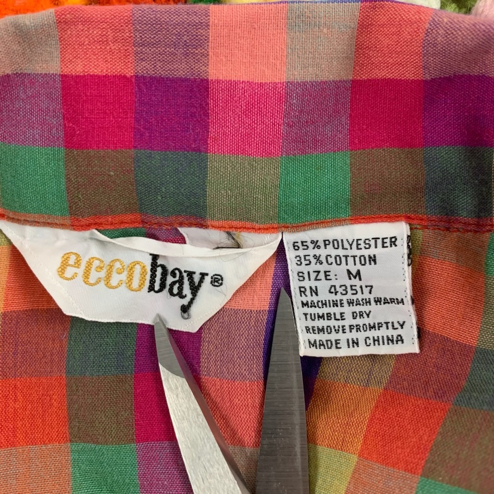 Vintage 80s Ecco Bay Plaid Rainbow Multi Checkered Short Sleeve Button U… - Picture 7 of 14